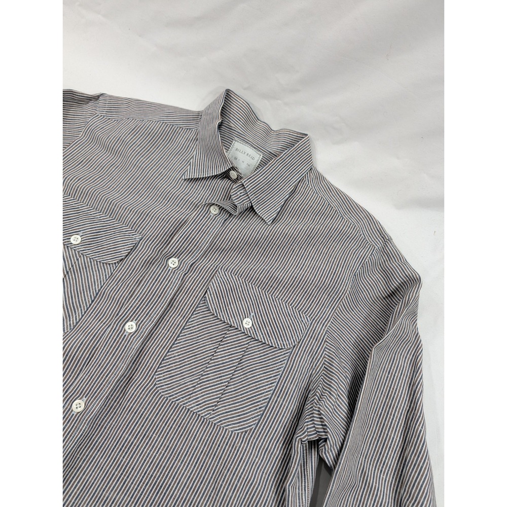 Billy Reid Shirt Mens Medium Blue Brown Striped Linen Slim Cut Long Sleeve Italy
